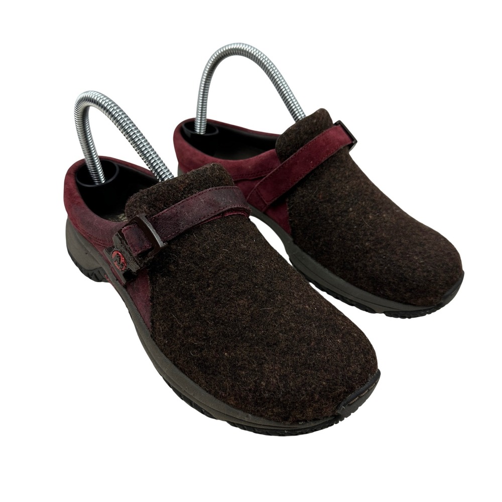 Merrell Encore Groove Wool Suede Clogs Brown Burgundy Buckle Slip On Mules Sz 7 - Picture 1 of 10